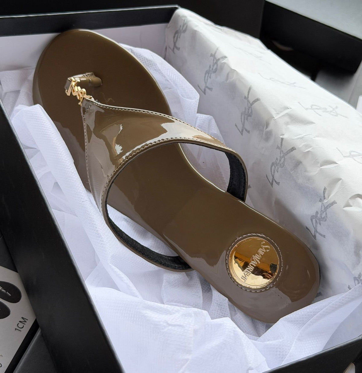 YSL Patent Cassandra Logo Thong Sandals