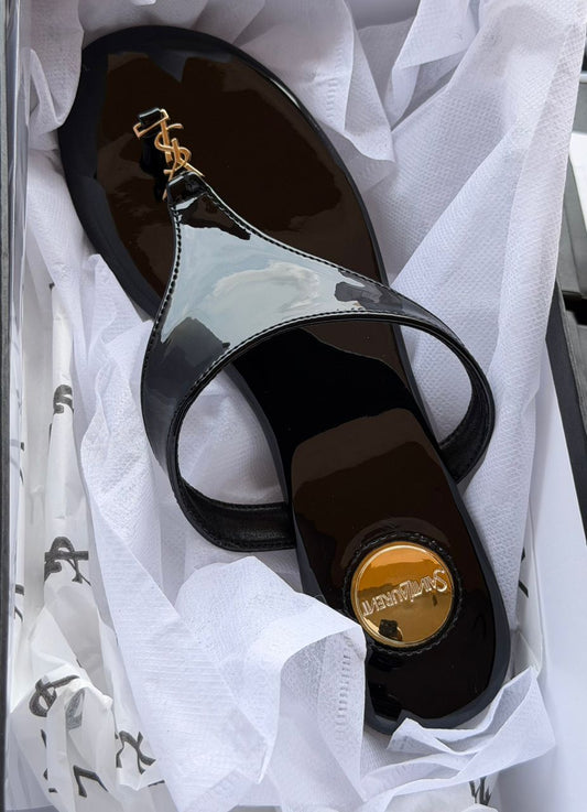 YSL Patent Cassandra Logo Thong Sandals