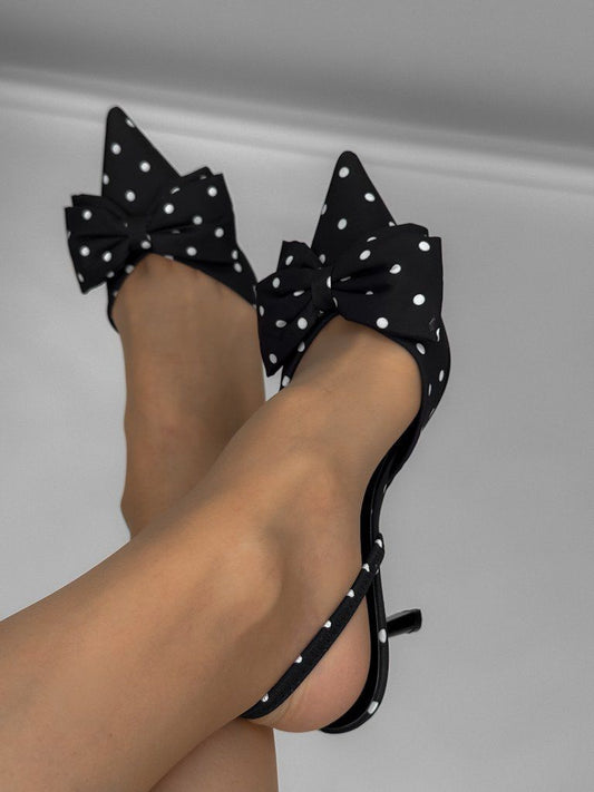 Retro Polka Dot Pointed-Toe Slingback Heels with Bow Detail